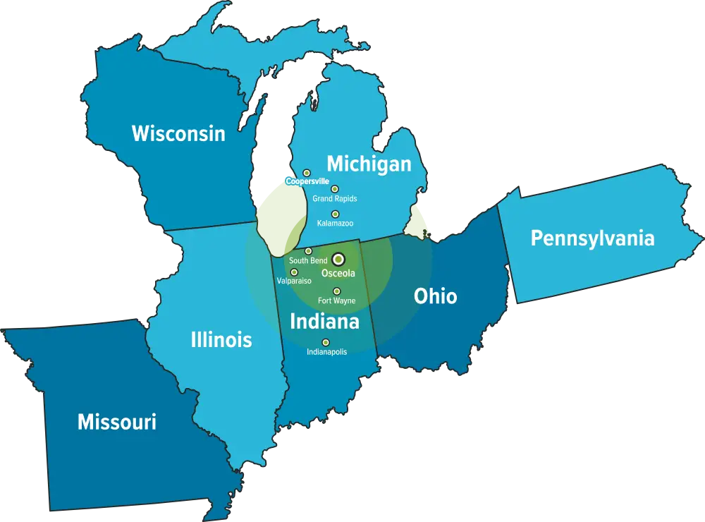 RZ Sports Turf Service Area Map Indiana, Ohio, Michigan